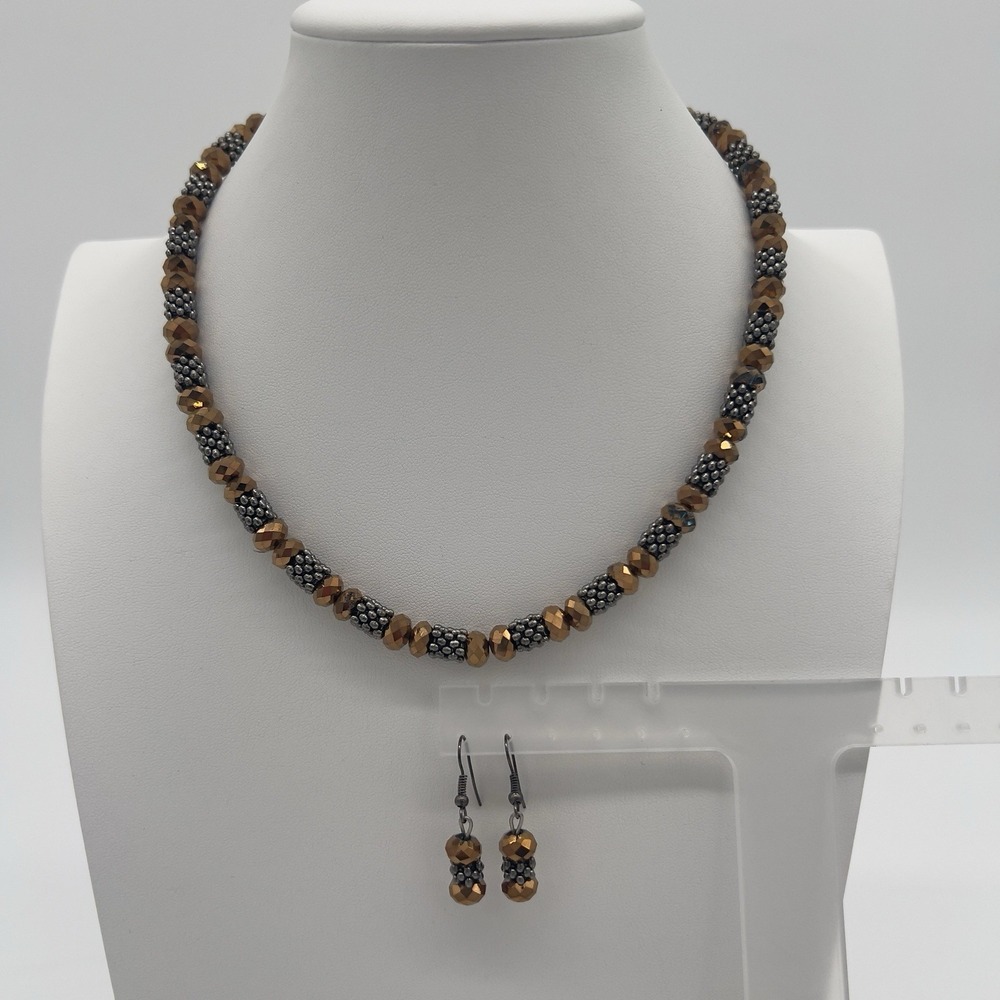 You & I Beaded Necklace & Earrings‎ Set – Bronze Faceted Glass & Silver-Tone